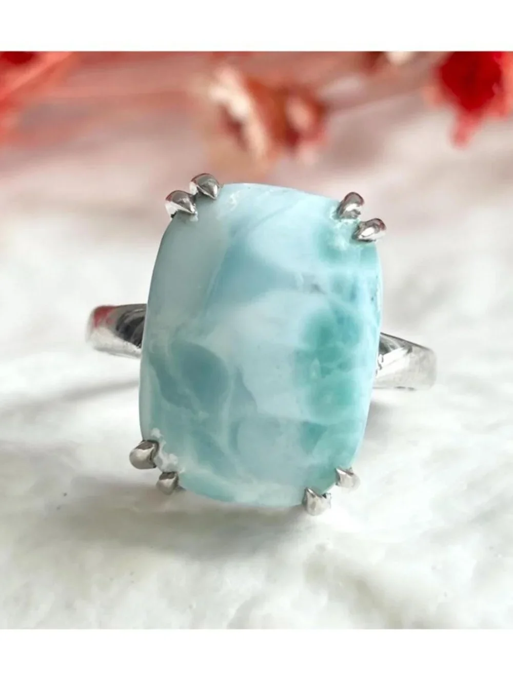 Larimar Solitaire Cabochon Gemstone Sterling Silver 925 Vintage Ring - sz 7